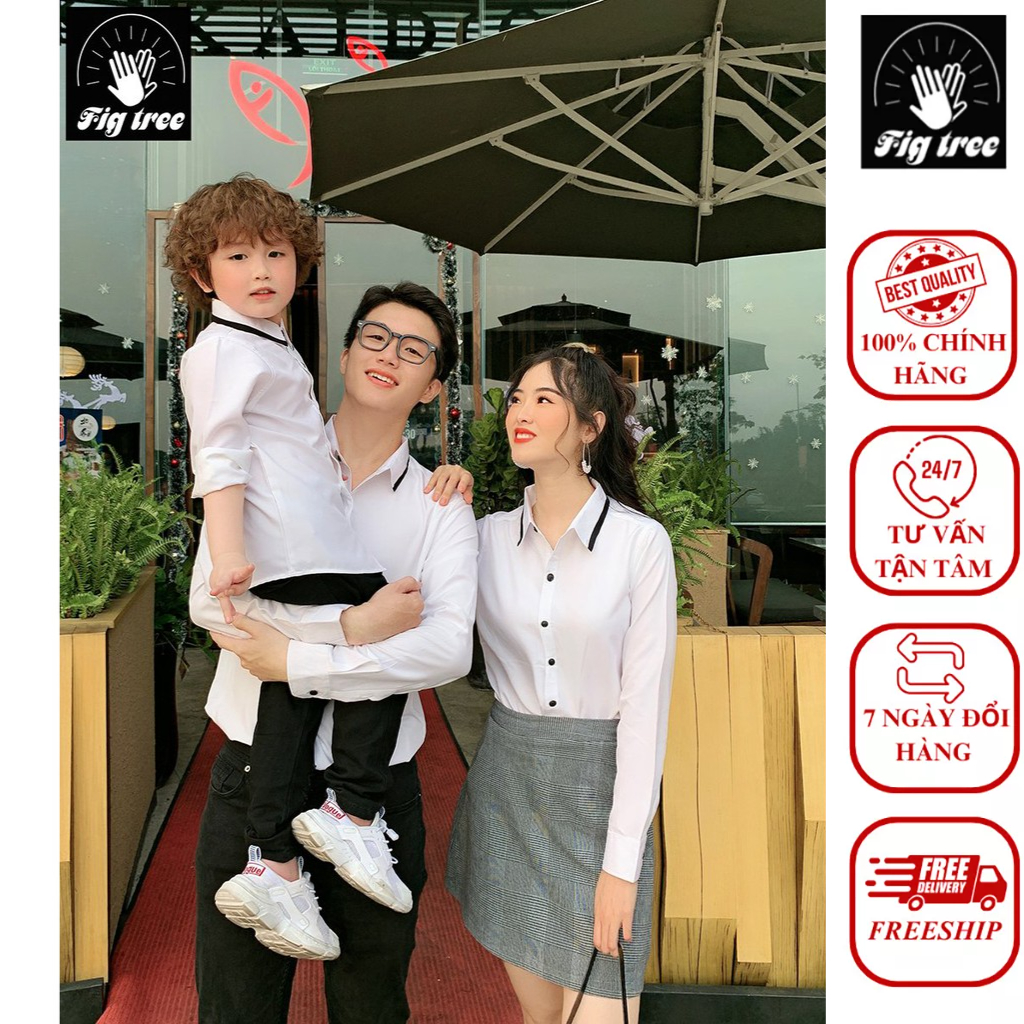 Set Áo Sơ Mi Gia Đình FIGTREE Màu Trắng Phối Cổ Viền Đen Thời Trang