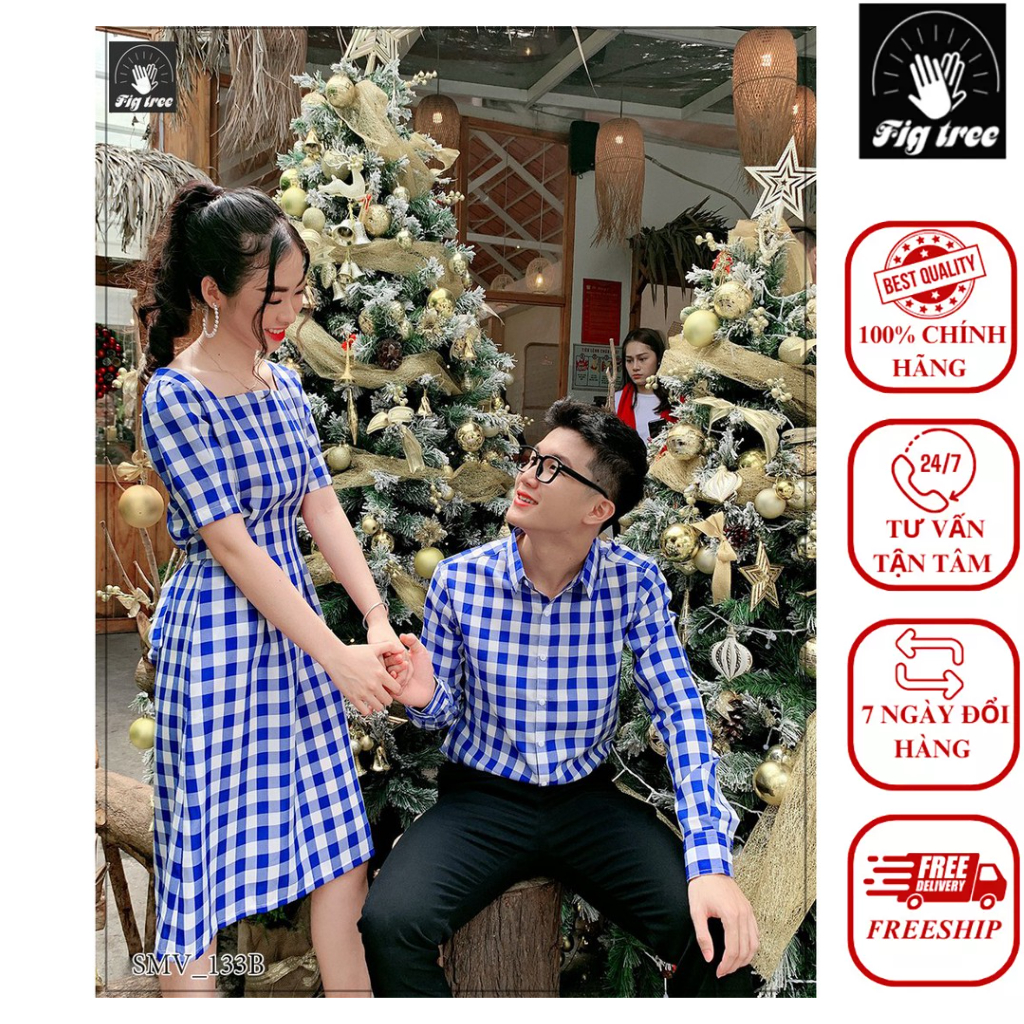 Set Sơ Mi Váy Đôi FIGTREE Caro Xanh Mã 133B Dễ Thương