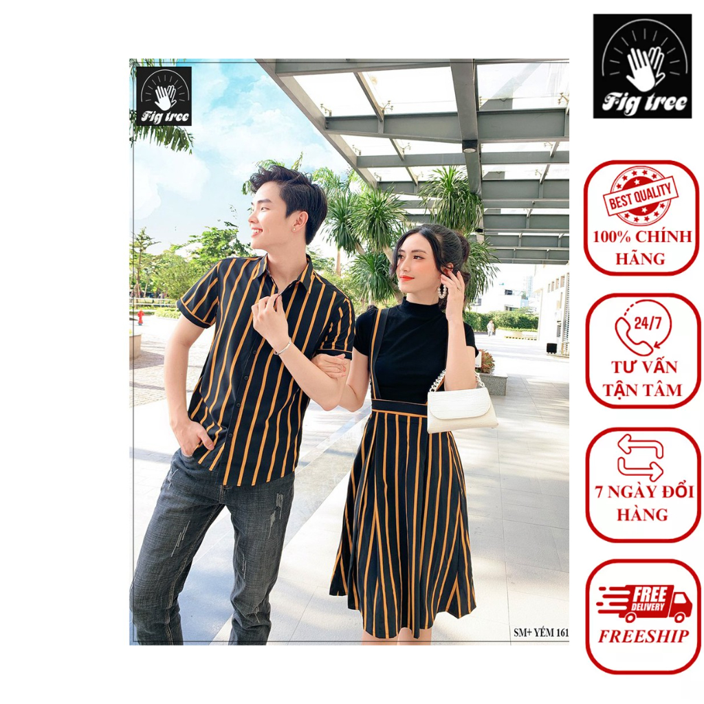 Set Sơ Mi Yếm Đôi FIGTREE Sọc Vàng Đen Yếm Nữ Kèm Áo Thun Mã 161 Cực Xinh