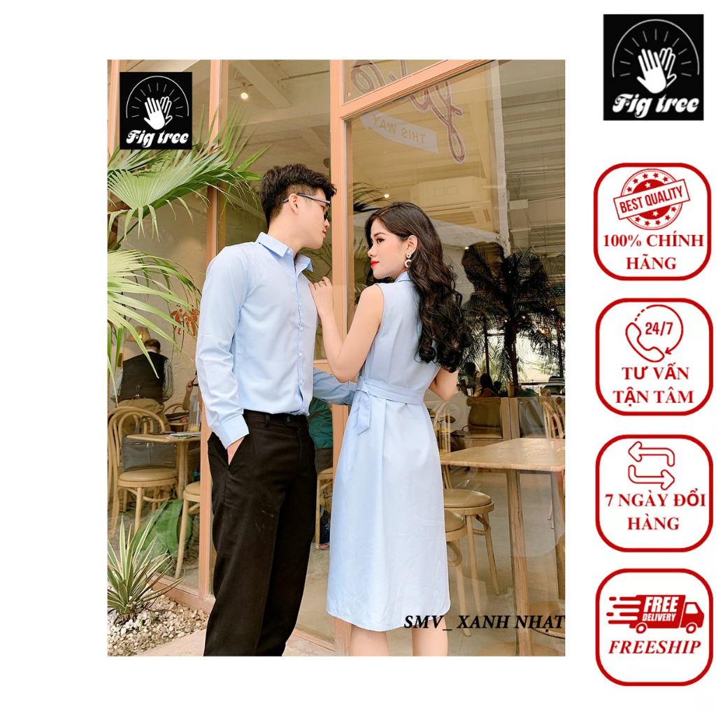 Set Sơ Mi Váy Đôi FIGTREE Màu Xanh Nhạt New Cực Hot