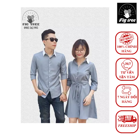Set Áo Sơ Mi Váy Đôi FIGTREE Màu Xám Phối Cổ Bẻ Cực Xinh