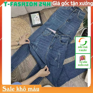 Quần jeans nữ rách lưng cao màu xanh 1 nút xước nhẹ vải denim co dãn cao ôm dáng , quần cạp cao T-Fashion Shop QN632