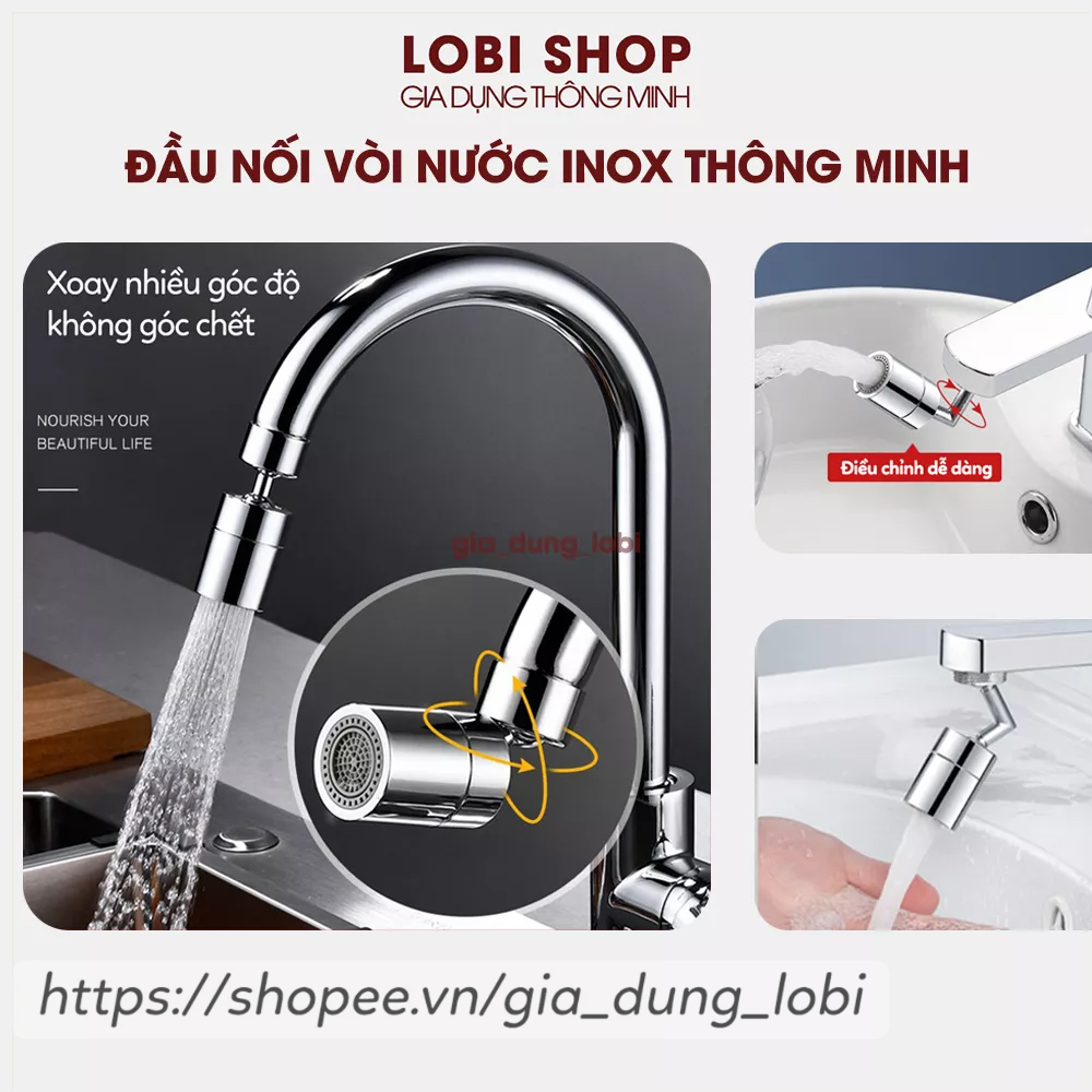 Đầu nối vòi nước phi 24/22mm Đầu vòi rửa bát xoay 720 độ thông minh gắn chậu lavabo bồn rửa mặt bồn rửa bát