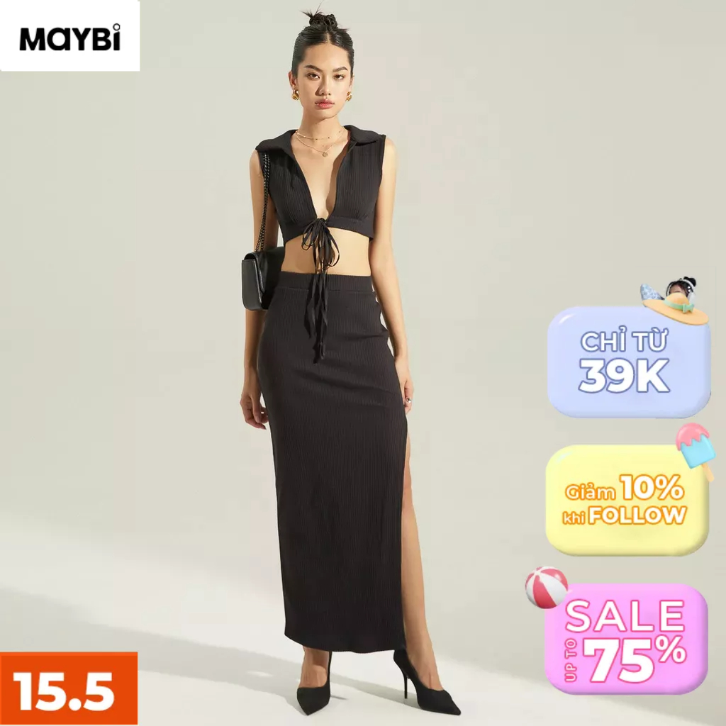Chân váy Maybi midi ôm thun gân xẻ tà
