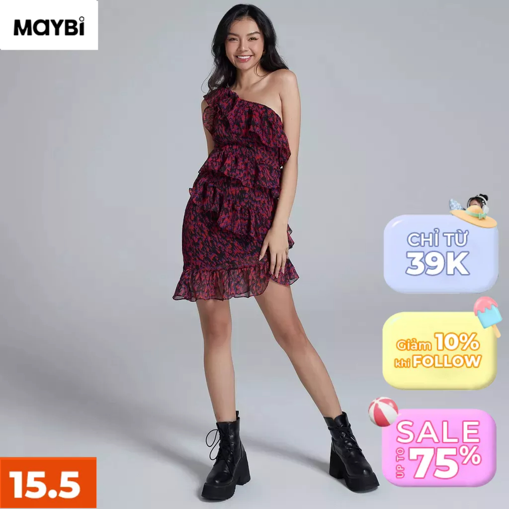 Đầm Maybi voan in lệch vai in hoạ tiết