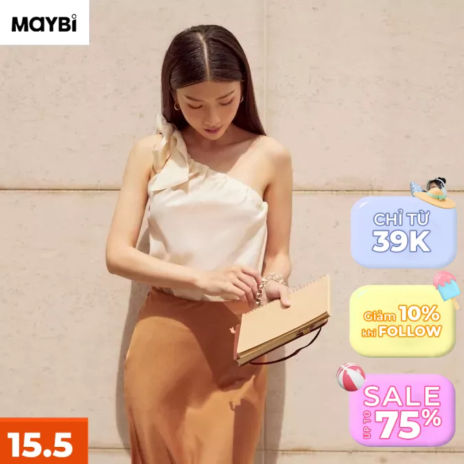 Áo Maybi rộng chéo dày lệch vai cột nơ
