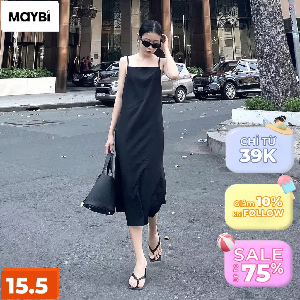 Đầm Maybi midi suông lụa 2 dây khoét lưng