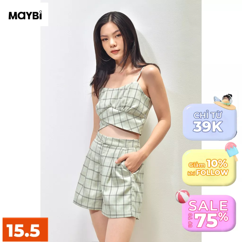 Set Maybi croptop quần short ôm pha caro xanh mint
