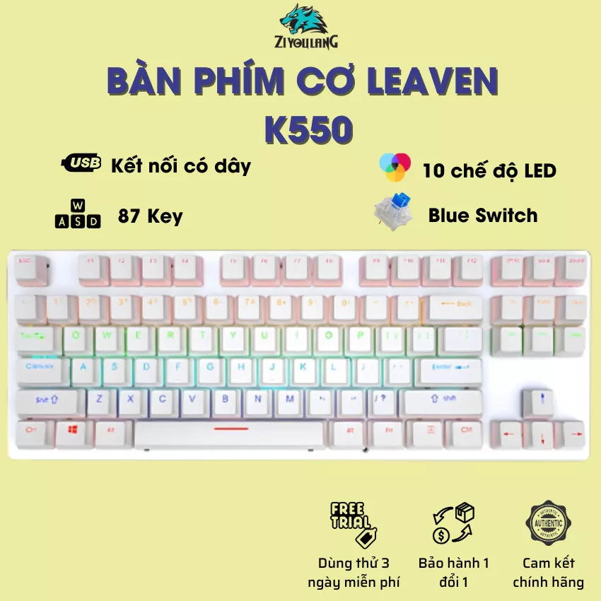 Bàn phím cơ Gaming Leaven K550 Blue Switch TKL 87 phím, 9 chế độ LED RGB, Chống nước, Bảo hành 1 năm