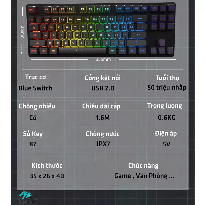 Bàn phím cơ Gaming Leaven K550 Blue Switch TKL 87 phím, 9 chế độ LED RGB, Chống nước, Bảo hành 1 năm