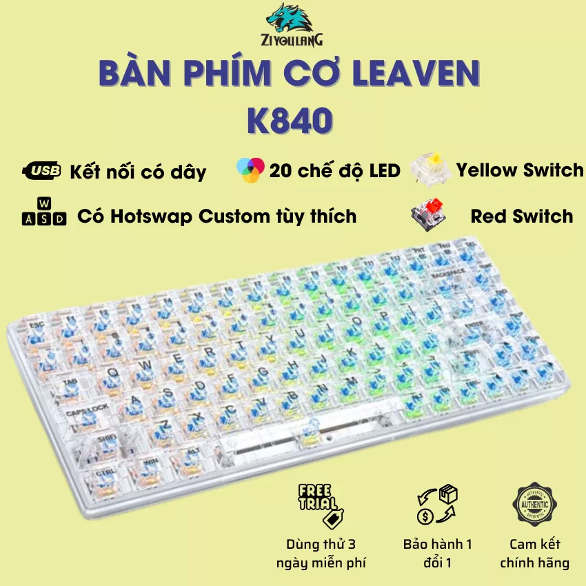 Bàn phím cơ Gaming TKL trong suốt K840 84 phím - 20 chế độ LED Rainbow - Hot-swap - Red/Yellow Switch - Chính hãng