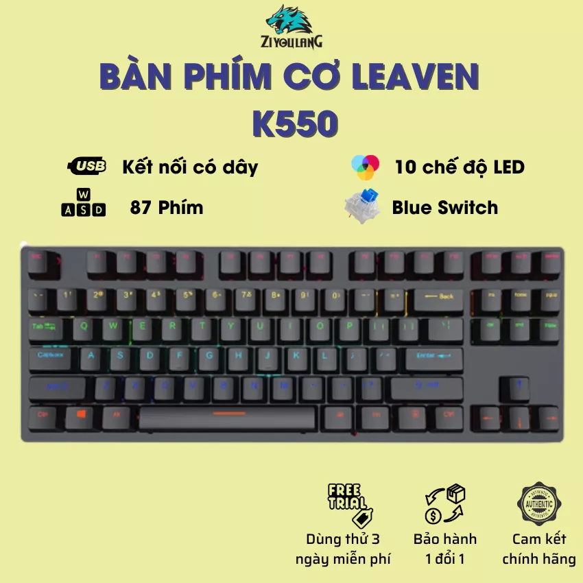 Bàn phím cơ Gaming Leaven K550 Blue Switch TKL 87 phím, LED RGB, chống nước, Bảo hành 1 năm