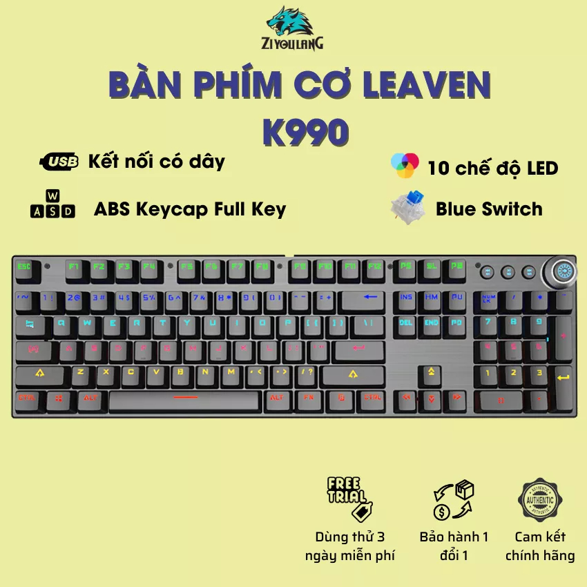 Bàn phím cơ Gaming Leaven K990 - LED RGB Rainbow - Chống nước - Chống bụi - Blue Switch - Bảo hành 1 năm - Chính hãng