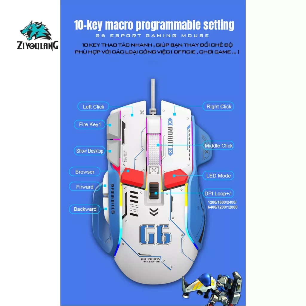 Chuột Gaming Máy Tính Có Dây Cao Cấp G6 Transformers - DPI 12800 siêu khủng - 10 phím thao tác nhanh