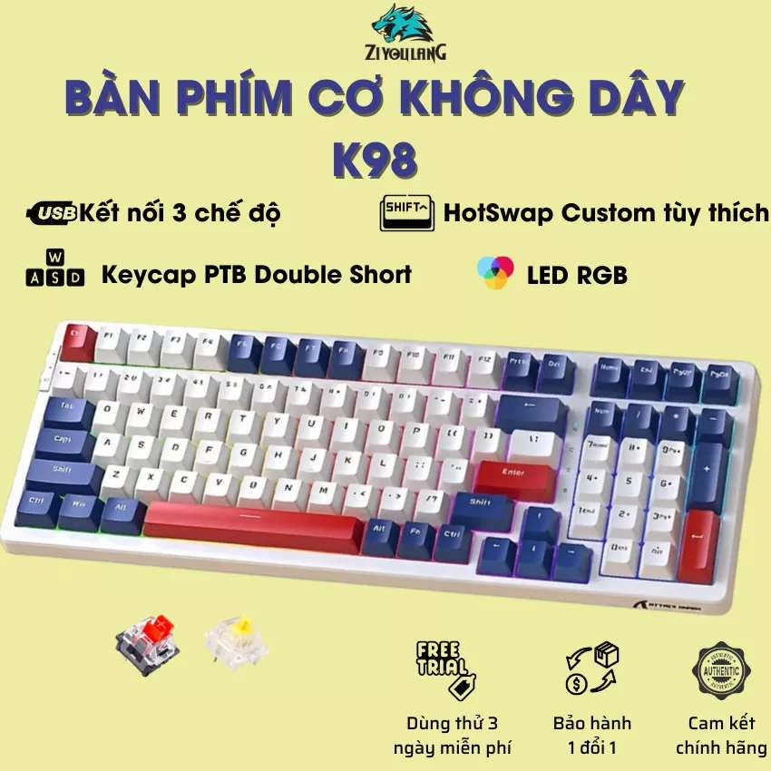 Bàn phím cơ gaming Attack Shark K98 - Led RGB - Hotswap - 3 chế độ kết nối - 2 loại switch Yellow / Red Switch