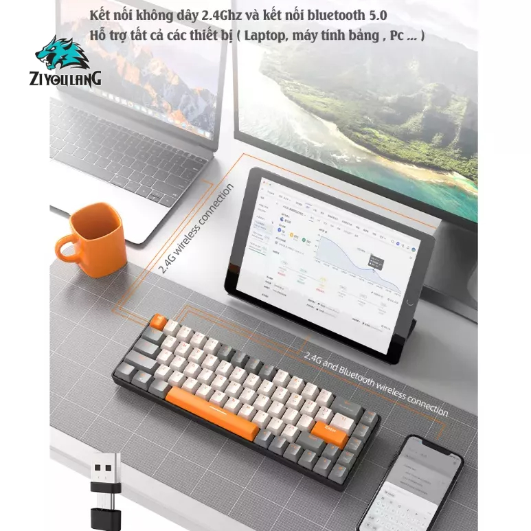Bàn phím cơ gaming bluetooth không dây K68 - Kết nối 2 chế độ  - 68 Phím Hotswap