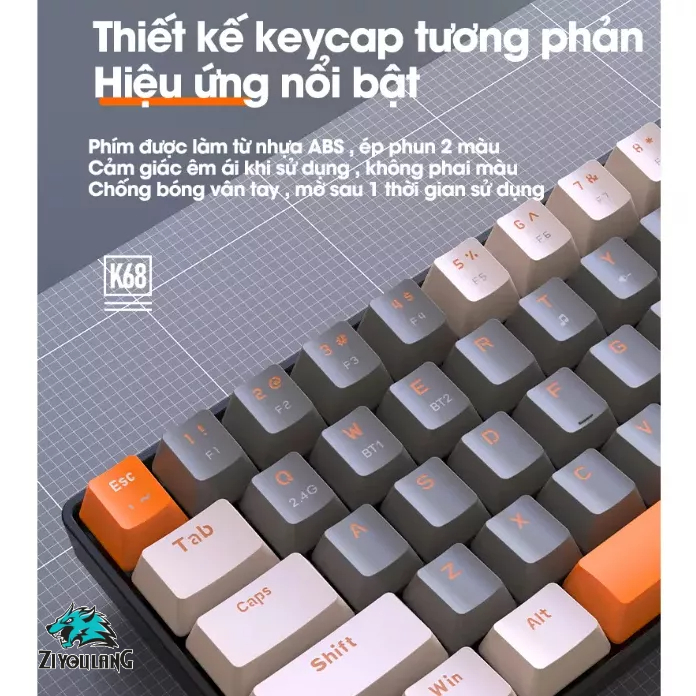 Bàn phím cơ gaming bluetooth không dây K68 - Kết nối 2 chế độ  - 68 Phím Hotswap