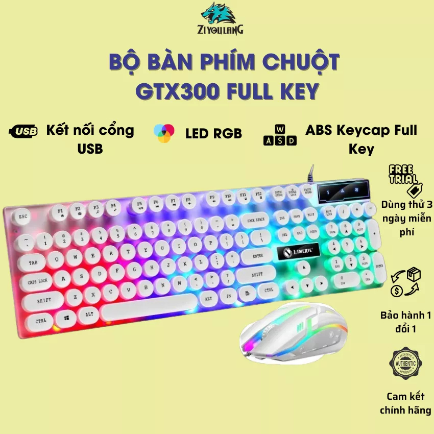 Bộ bàn phím chuột máy tính GTX300 giả cơ - LED 9 chế độ - Phím tròn cổ điển - Chống nước