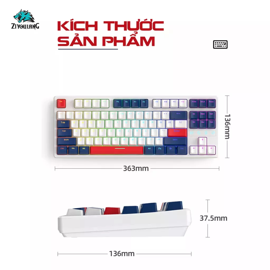 Bàn phím cơ K87 Ziyou - Hotswap - LED RGB - Red switch - Kết nối không dây 3 chế độ - Foam tiêu âm - Bảo hành 12 tháng