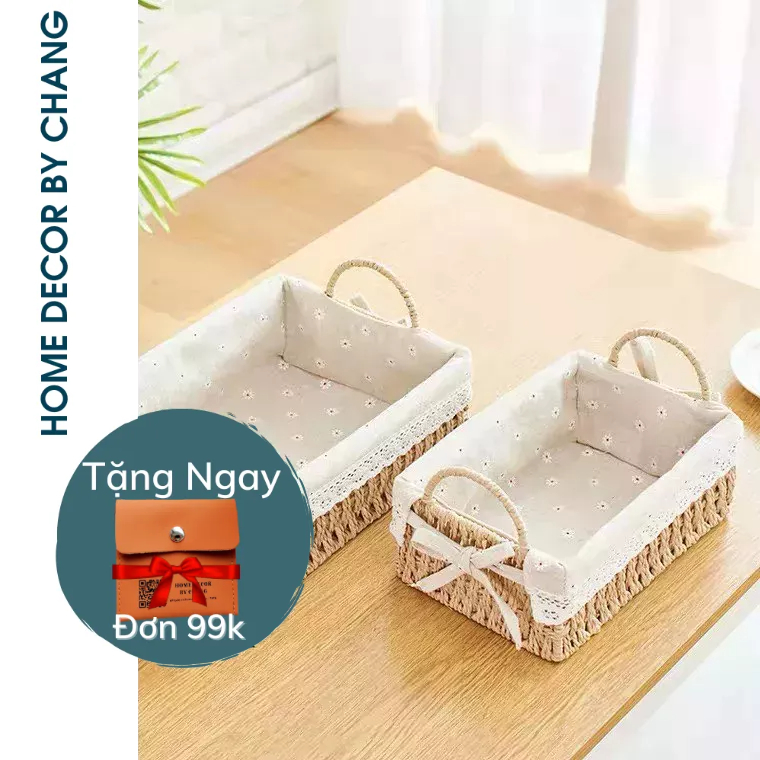 Giỏ mây đựng mỹ phẩm, chụp ảnh sản phẩm, đồ văn phòng phẩm decor xinh xắn Hình chữ nhật có quai