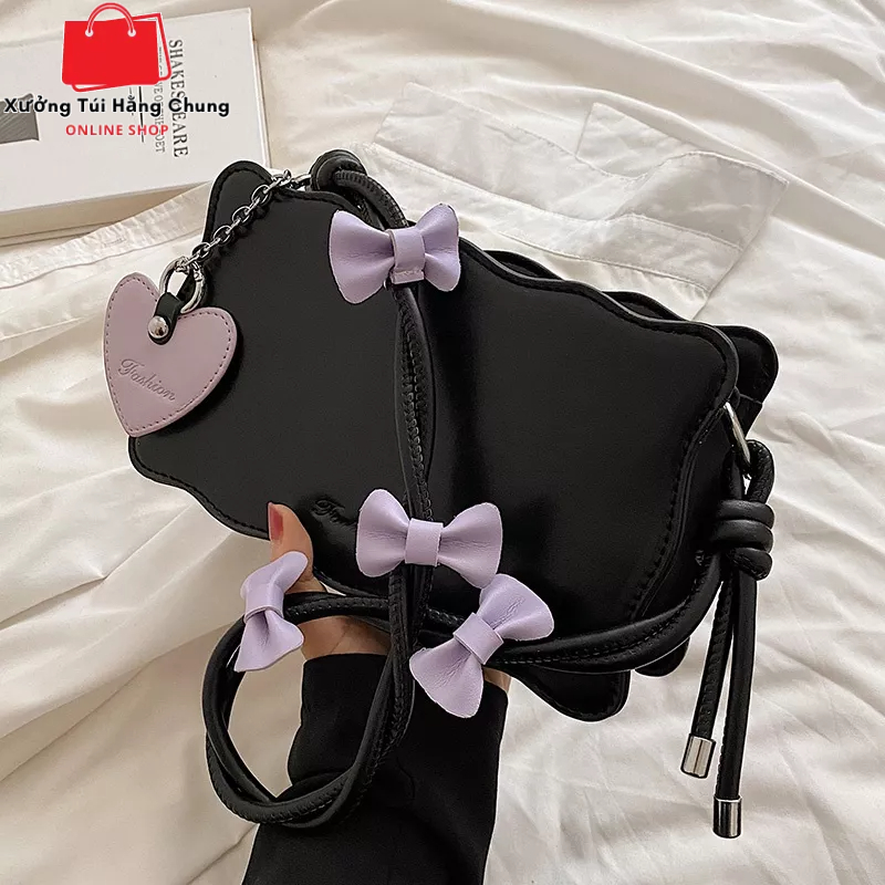 Túi xách nữ đeo vai hình vuông quai đính nơ cute sang trọng phong cách hàn quốc mẫu mới kèm móc khóa trái tim