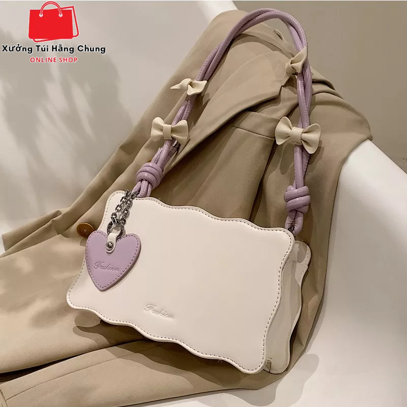Túi xách nữ đeo vai hình vuông quai đính nơ cute sang trọng phong cách hàn quốc mẫu mới kèm móc khóa trái tim