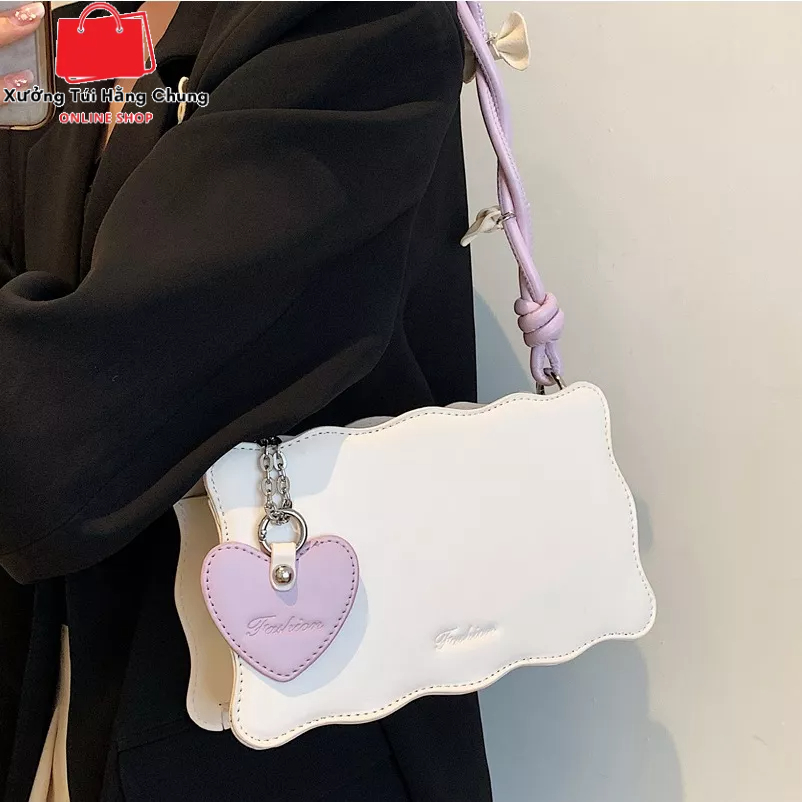 Túi xách nữ đeo vai hình vuông quai đính nơ cute sang trọng phong cách hàn quốc mẫu mới kèm móc khóa trái tim