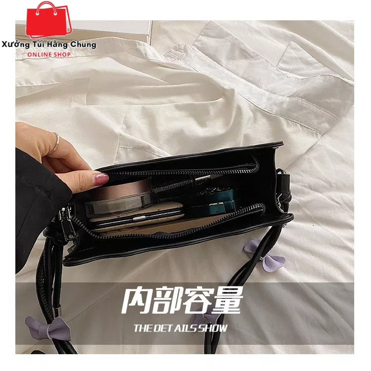 Túi xách nữ đeo vai hình vuông quai đính nơ cute sang trọng phong cách hàn quốc mẫu mới kèm móc khóa trái tim