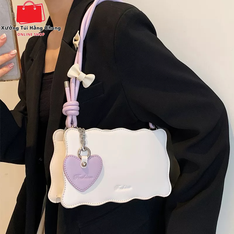 Túi xách nữ đeo vai hình vuông quai đính nơ cute sang trọng phong cách hàn quốc mẫu mới kèm móc khóa trái tim