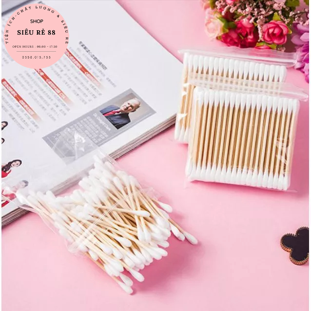 Set 30 - 50 - 100 Tăm bông ngoáy tai , bông ráy tai thân gỗ khử trùng 2 đầu thân thiện với môi trường 88383 Siêu rẻ