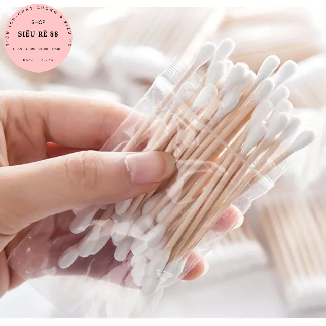 Set 30 - 50 - 100 Tăm bông ngoáy tai , bông ráy tai thân gỗ khử trùng 2 đầu thân thiện với môi trường 88383 Siêu rẻ