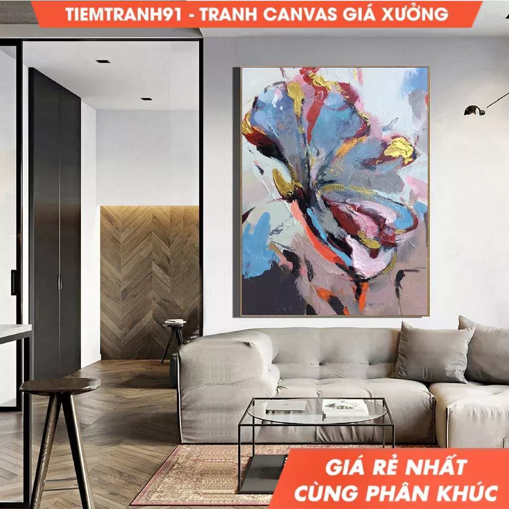 Tranh treo tường, Large Flower abstract painting,Gold texture painting,Blue abstract painting,Pink a