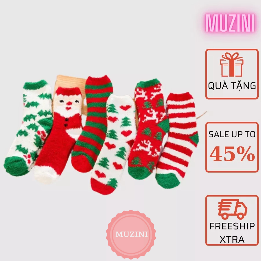 Set 5 Tất giáng sinh Muzini vớ len lông cừu họa tiết Noel đáng yêu vui nhộn TN135