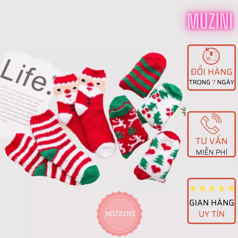Set 5 Tất giáng sinh Muzini vớ len lông cừu họa tiết Noel đáng yêu vui nhộn TN135