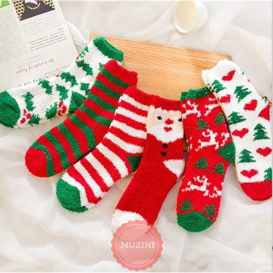 Set 5 Tất giáng sinh Muzini vớ len lông cừu họa tiết Noel đáng yêu vui nhộn TN135