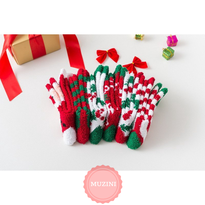 Set 5 Tất giáng sinh Muzini vớ len lông cừu họa tiết Noel đáng yêu vui nhộn TN135