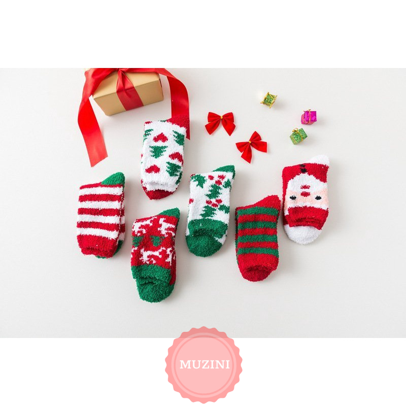 Set 5 Tất giáng sinh Muzini vớ len lông cừu họa tiết Noel đáng yêu vui nhộn TN135