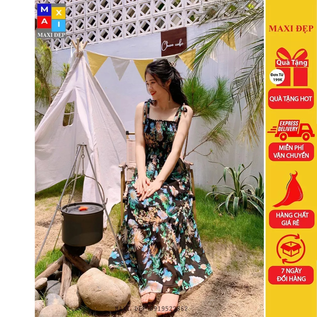 Đầm Maxi Freesize 2 Dây Nơ Họa Tiết Hoa Lá Maxi Đẹp