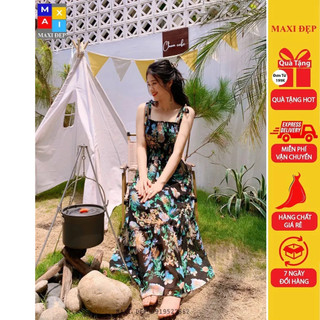 Đầm maxi freesize 2 dây nơ họa tiết hoa lá maxi đẹp