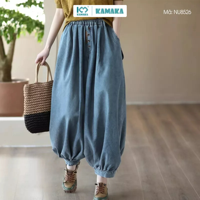 Quần baggy denim KAMAKA alibaba lưng thun ống túm khuy kiểu - NU8526
