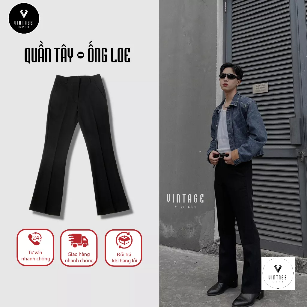 Quần vải ống loe nam Vintage, quần tây nam nữ hàn quốc, ống loe nhẹ hack dáng vải vitex cao cấp - Black