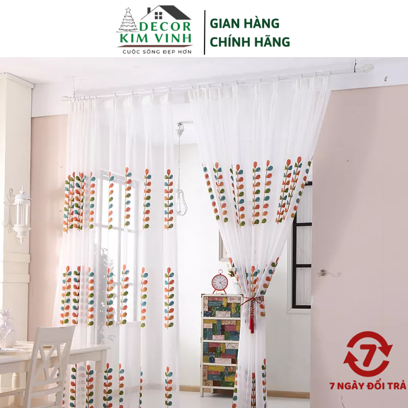 Rèm Voan Khoen Lỗ, Khoen Ri Đô, Rèm Dán Thêu Hoa Lá Decor Kim Vinh DCKV106