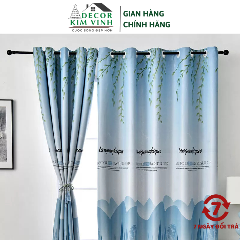 Rèm Vải Khoen Lỗ, Khoen Ri Đô, Rèm Dán Sông Núi Màu Xanh Decor Kim Vinh DCKV112
