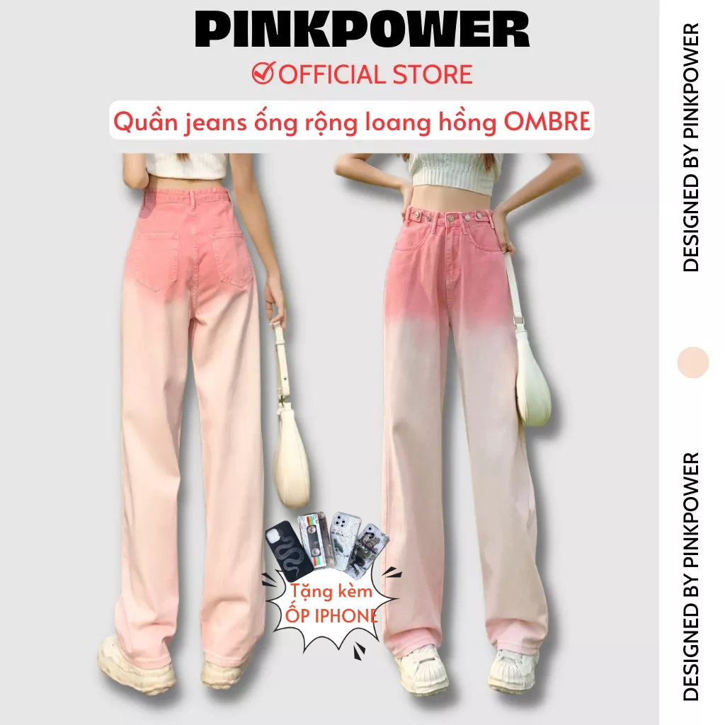Quần jeans dài nữ ống rộng,quần ống suông PINKPOWER cạp cao tôn dáng,thiết kế năng động phù hợp đi học,đi chơi,đi làm