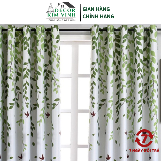 Rèm Vải Khoen Lỗ, Khoen Ri Đô, Rèm Dán Dây Lá Xanh Decor Kim Vinh DCKV91