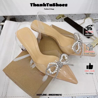 Guốc zaza trong nơ đá ngọc mới, guốc cao gót nữ gót loe 7cm full box
