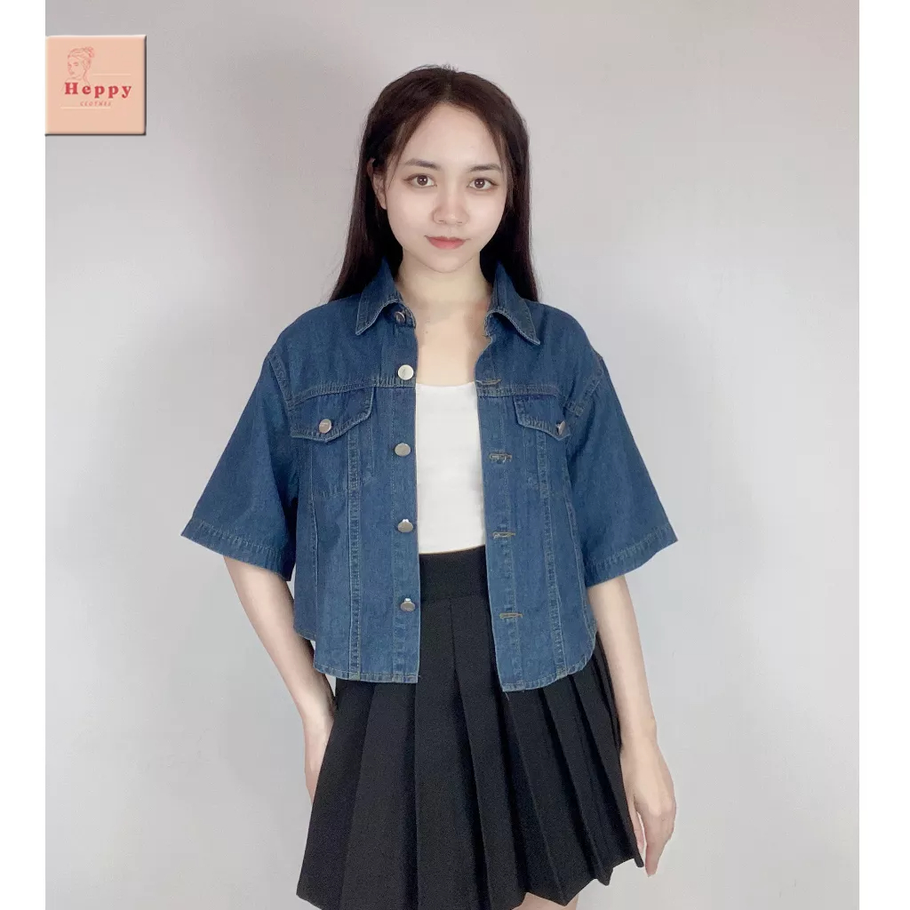 Áo sơ mi denim croptop Heppy cộc tay 2 túi ngực phối cúc_Aojeancrt7019_K17P0
