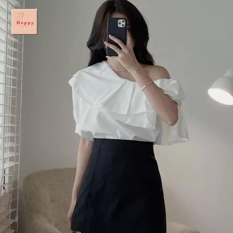 Áo cổ bèo lệch vai Heppy tay ngắn chất dày dặn _AotrevaC129_TrangP1K4