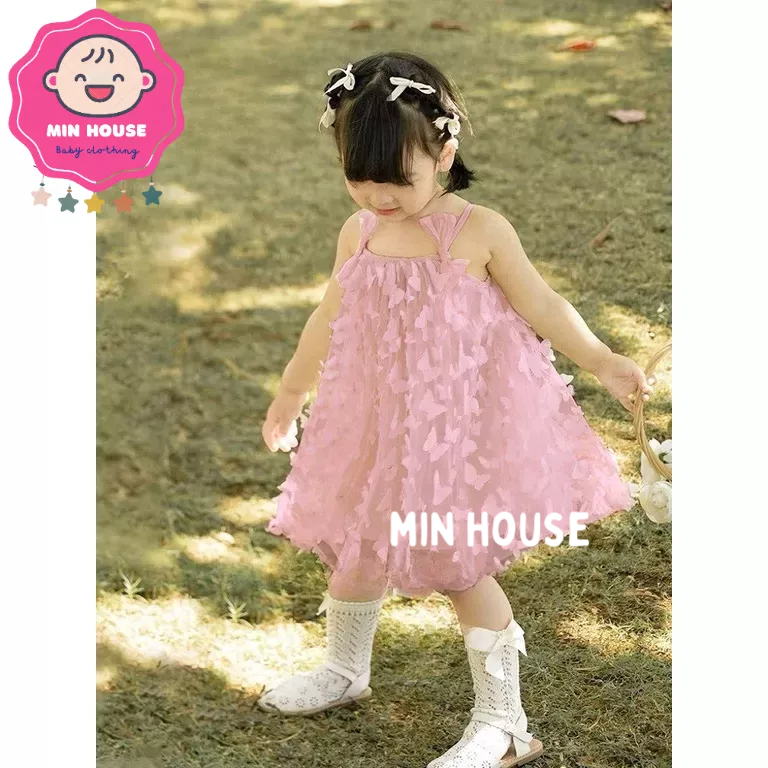 Váy ren hoa hai dây phối nơ siêu xinh cho bé diện hè, đi du lịch, đi chơi