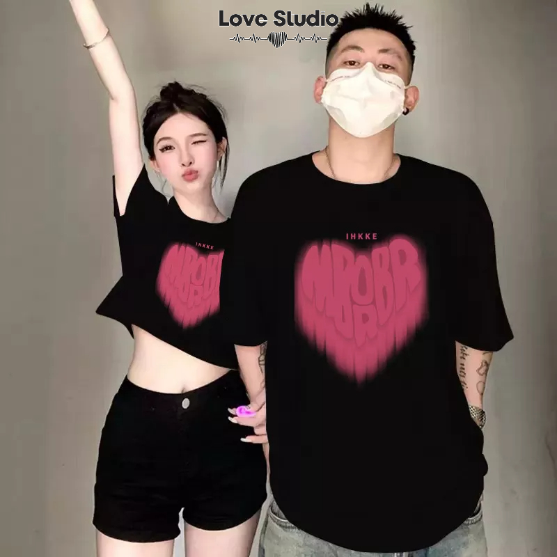 Áo thun đôi nam nữ trái tim sơn hồng unisex tay lỡ from rộng và áo croptop baby tee mặc cặp cotton A101 L66studio